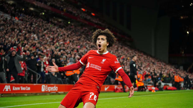 Jayden Danns pictured celebrating after scoring the first goal of his Liverpool career in a 3-0 win over Southampton at Anfield in February 2024